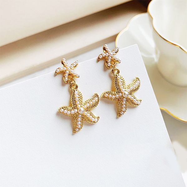 

summer vacation starfish earrings female fresh wild pearl earrings net red temperament fashion personality, Golden;silver