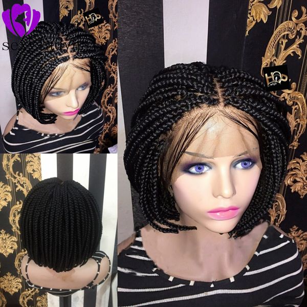 Parte centrale africa stile donna Corto caschetto intrecciato Trecce a scatola Parrucca Calore Capelli in fibra sintetica Parrucca anteriore in pizzo corto all'uncinetto con i capelli del bambino