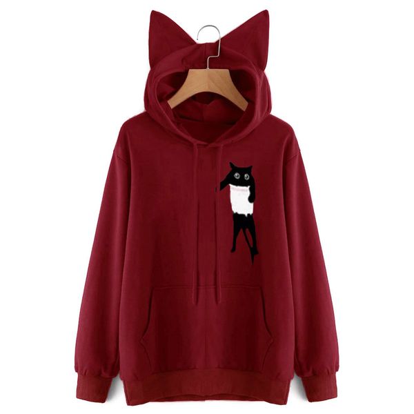

women with ears hoodies sweatshirts cat plus size pullover loose warm long sleeve sports hooded o-neck casual running, Black