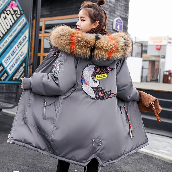 

volalo 2019 new winter jacket coat women long thick warm parka fur collar hooded coats outwear female overcoat plus size m-3xl, Black