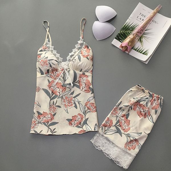 

2019 summer women pajamas sets with shorts satin sleepwear flower print pyjama silk sleeveless nightwear with chest pads pijama, Blue;gray