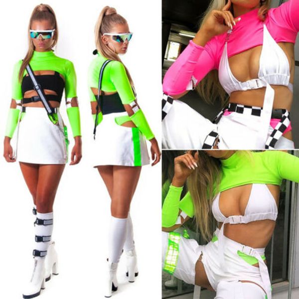 

new women long sleeve crop turtleneck t-shirt halloween costume belly dancer, White