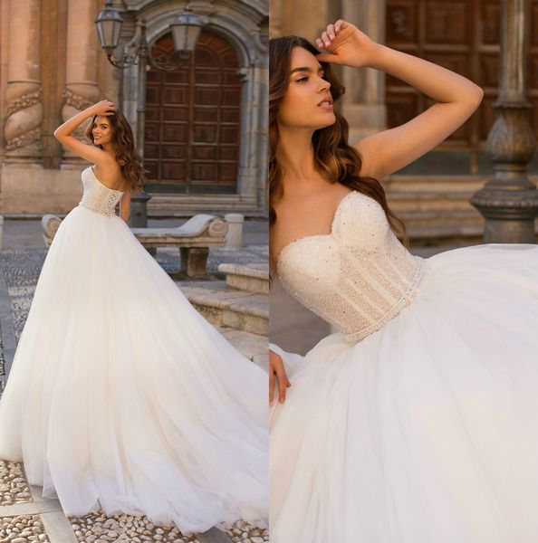 

elegant lussanobridal a line wedding dresses sweetheart sleeveless lace up beaded sequins wedding gowns sweep train robe de mariÃ©e, White