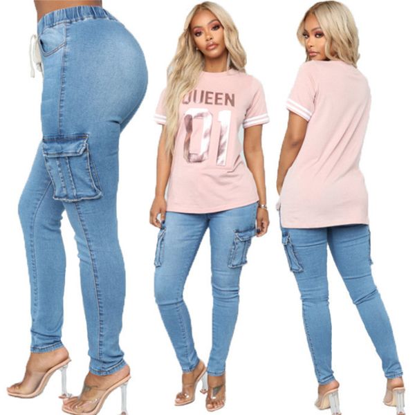 

women designer jeans summer high waist light blue skinny pencil pants ladies elastic waist long jeans