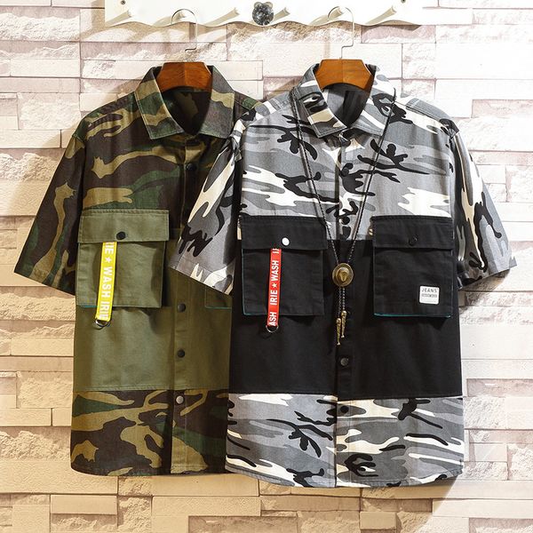 

men's clothing 2020 summer men's loose tooling shirt three-dimensional pocket camouflage short sleeve shirt men, White;black