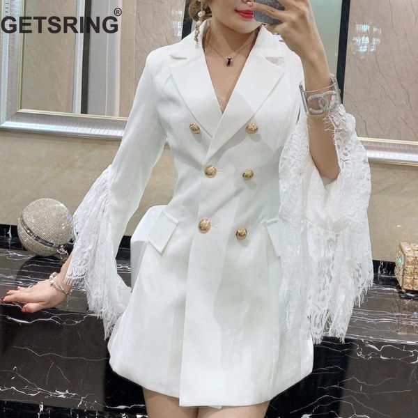 

getsring woman set suit blazer sets lace stitching flare sleeve long suit coats high waist shorts 2 piece set women 2019 new, White