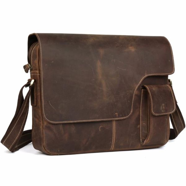 

luxury crazy horse leather shoulder messenger bags men 14'' lapsatchel bag men's bag british retro brown new