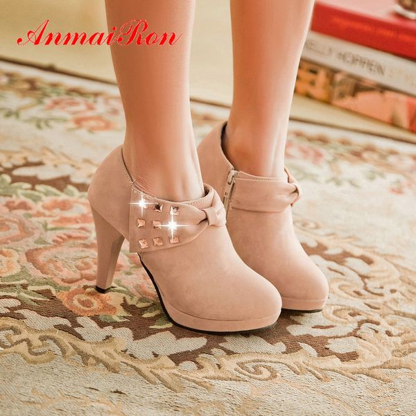 

anmairon flock round toe thin heel women winter boots solid platform 2020 basic ankle boots for women zipper fashion shoes, Black