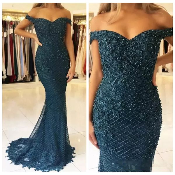 

luxurious slim mermaid prom dresses lace appliques 2019 ladies evening party gowns beaded full sweep train long vestidos de soiree 2019, Black