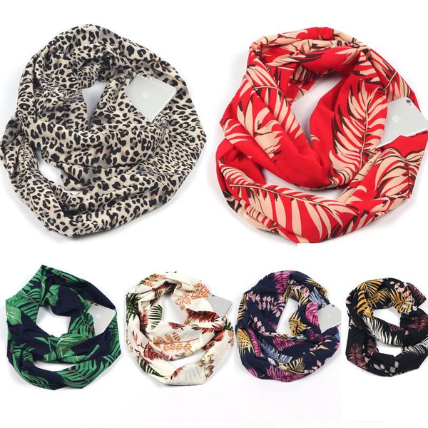 

50 *180cm fashion women winter thermal active infinity scarf with zip pocket flower&leopard print scarf