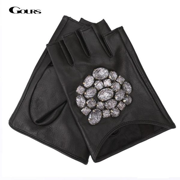 

gours fall and winter women' genuine leather gloves black goatskin stone half-finger gloves 2018 new fashion warm mitten gsl011, Blue;gray