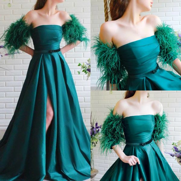 

2020 dark green prom dresses satin a line floor length belt side split evening dress custom made strapless feather formal robes de soirÃ©e, Black