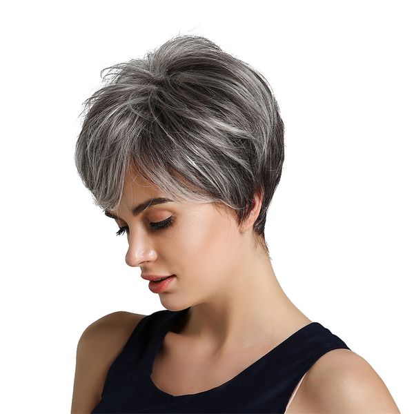 

8'' fashion stylish lady human hair wigs fluffy pixie cut party daily wig, Black