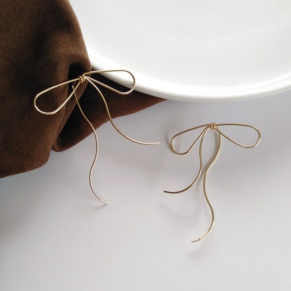 

europe and america exaggerated simple metal texture long bow stud earrings personality fashion women girl jewelry accessories, Silver