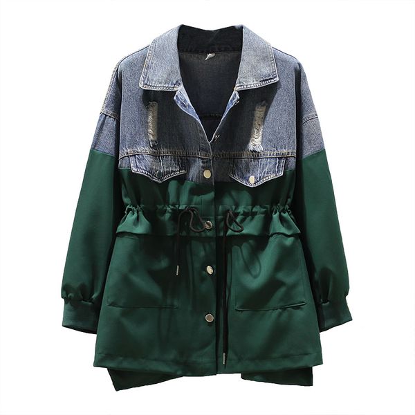 

women's jackets denim jacket oversized 4xl ladies fashion windbreaker outerwear mid-long drawstring cowboy color matching casual coats, Black;brown