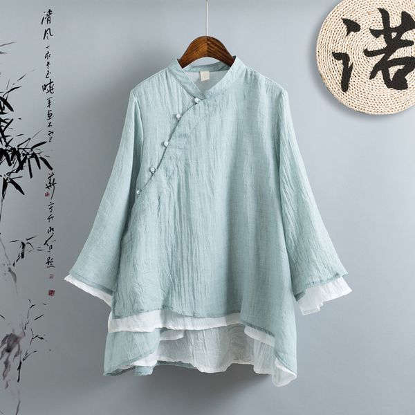 Одежда в винтажном китайском стиле с косой пуговицей и жемчугом, двухслойные хлопковые льняные рубашки, женские повседневные рубашки с воротником-стойкой и длинными рукавами, топы