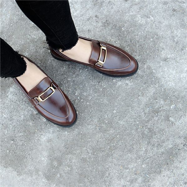 

british genuine leather oxford shoes woman street all match brogues metal decoration moccasins soft leather derby shoes flats, Black