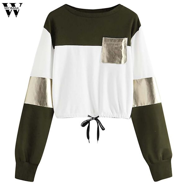 

womail sweatshirts 1pc women's fashion casual o-neck long sleeve bandage patchwork pocket women sweatshirt dec18, Black
