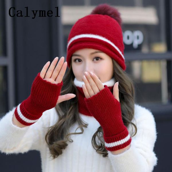 

calymel 2019 autumn and winter new knitted hat and velvet thicken wool hat scarf gloves set windproof warm 3pcs/set, Blue;gray