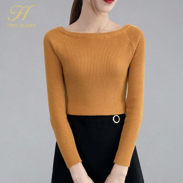 

h han queen new autumn 2019 slash-neck sweater women long sleeve pullover women basic sweaters korean sweet soft knit femme, White;black