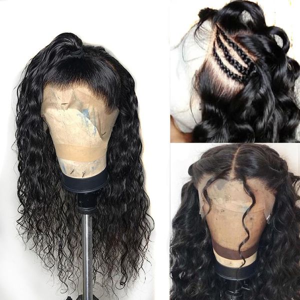 

13x6 water wave парик фронта шнурка человеческих волос предварительно сорвал с волосами ребенка глубокий 360 кружева фронтальный парик малай, Black
