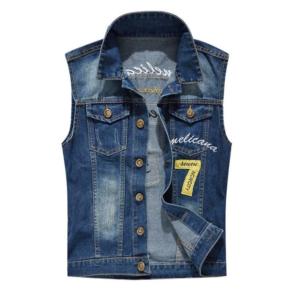 

vintage design men's denim vest male blue color sleeveless jackets boys cool no.7 embroidery jeans waistcoat plus size 5xl n20, Black;white