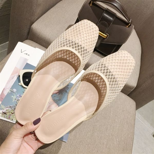

slippers 2021 summer women mules ulzzang woman shoes round toe outside designers mesh casual slides flat ladies sandals, Black