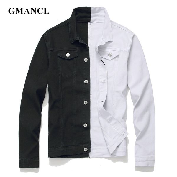 

men streetwear black white two-tone patchwork slim fit jean jackets motorcycle man hip hop cotton casual denim jackets coats, Black;brown