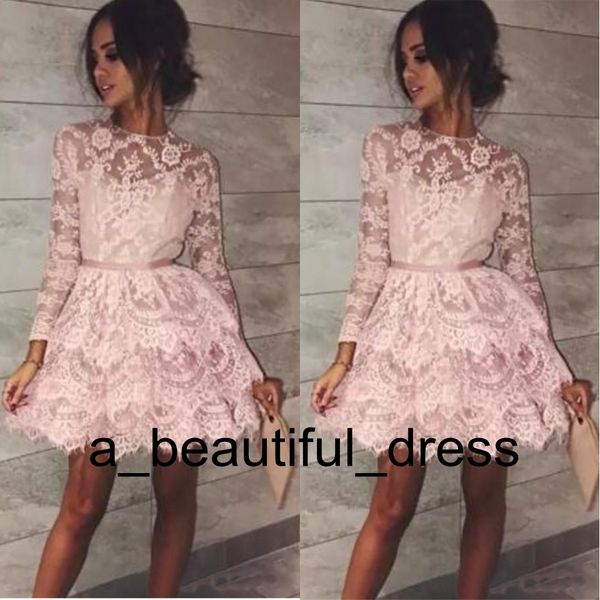 

short pink evening dresses formal gowns long sleeves illusion a line lace layers homecoming cocktail party graduation dress gd7798, Blue;red
