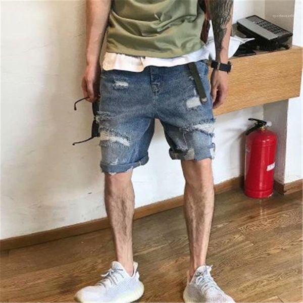 

denim shorts summer fashion loose washed light blue bleached pencil pants hip hop street jeans hole thin mens