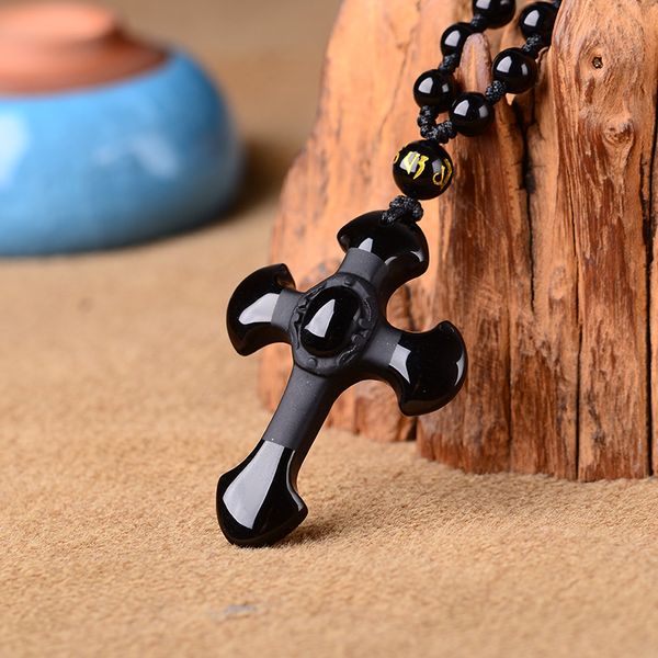 

ожерелье jadery natural black obsidian amulet крест мужчины женщины урожай нефритовый камень бисера цепи длинное ожерелье изящных ювелирных, Silver