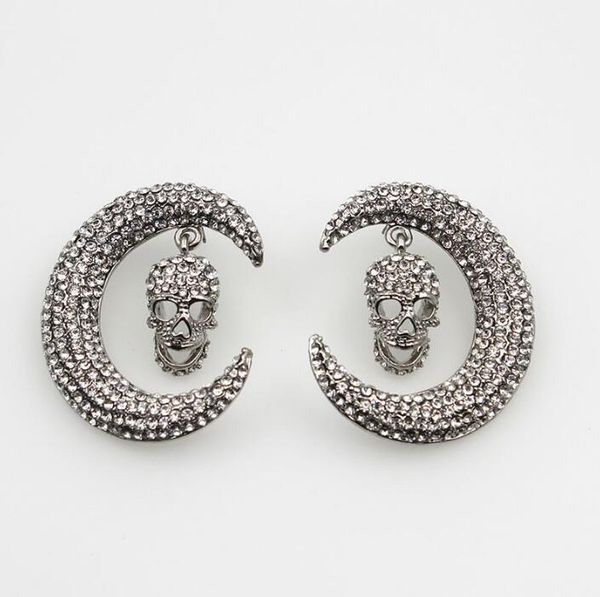 

halloween gift alloy fantasy full crystal moon design stud earring for women cz inlay skull dangle earring ing, Silver