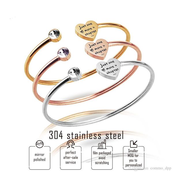 

just one more chapter inspirational cuff bangle for women men love heart crystal open bracelets stainless steel never fade fashion jewelry, White