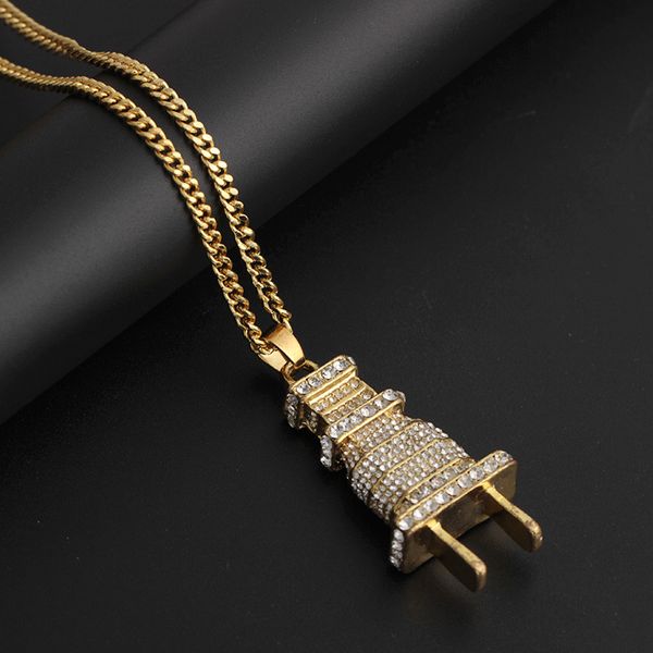 

vintage punk crystal wall plug pendant necklace for men hip hop rock jewelry shellhard silver gold rhinestone long necklace