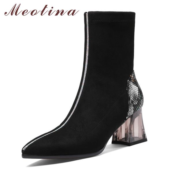 

meotina winter ankle boots women natural genuine leather crystal thick high heel short boots mixed colors zipper shoes ladies 39, Black