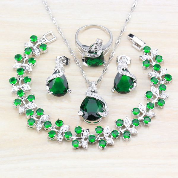 

water drop зеленый циркон 925 серебряные комплекты ювелирных изделий для женщин браслеты / ожерелье / подвеска / стад серьги / кольца моды c, Slivery;golden