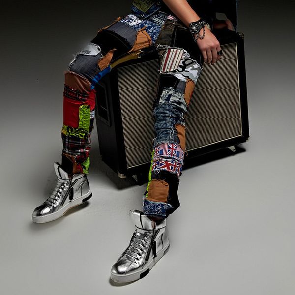 

famous brand european brand style men slim colorful jeans fashion patchworks stage jeans man cool street amazing special pants, Blue