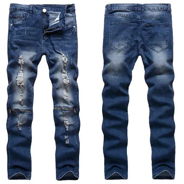 

2020 men skinny jeans slim denim causual knee hole hiphop pants washed ing, Blue