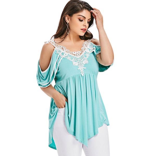 

rosegal plus size women t-shirts layered cold shoulder summer half butterfly short sleeve lace v-neck casual t-shirt ladies y19072701, White