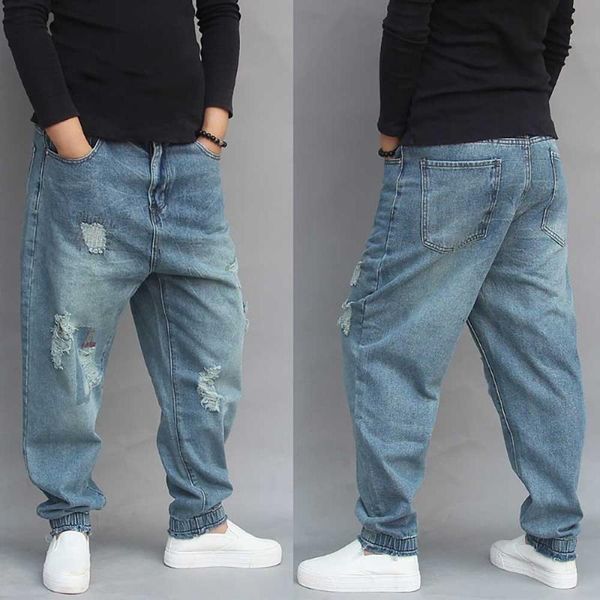 

men's jeans streetwear ripped men harem pants denim cotton hole patchwork trousers loose baggy joggers distressed clothes, Blue