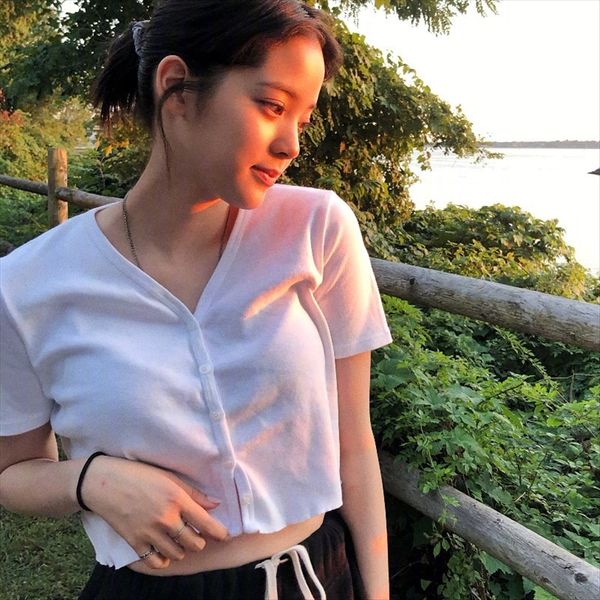 

female t-shirt student all-match short white t-shirt loose v-neck short sleeve cardigan single-breasted navel