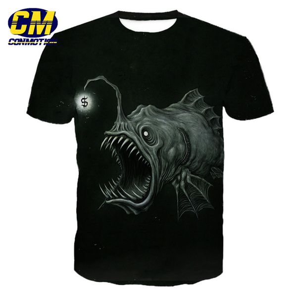 

deep sea lantern fish print fashion casual short sleeve t-shirt dropshipping and wholesale, White;black