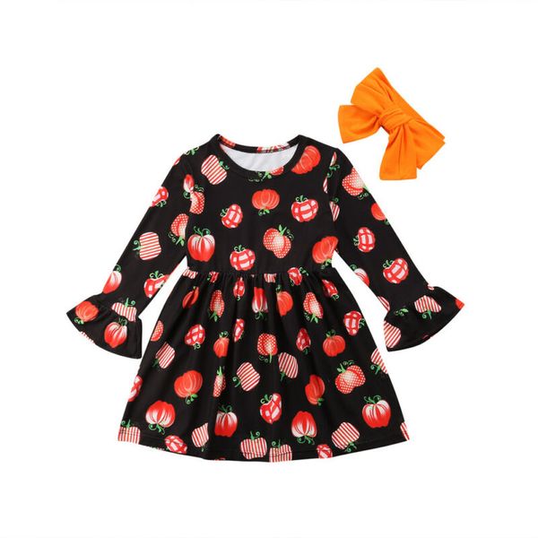

горячие продажи новый хэллоуин дети baby girls тыква с длинным рукавом платье партии повязка наряды осень зима теплая одежда наборы, Red;yellow