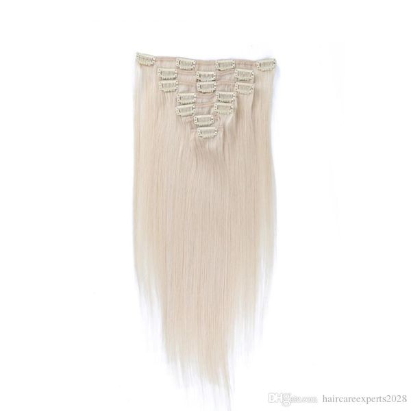 Farbe 60 Clip-in-Echthaar-Extensions, blondes Echthaar, Clip-in-Extensions, 7 Stück, 120 g, platinblond, Remy-Echthaar-Clip-in