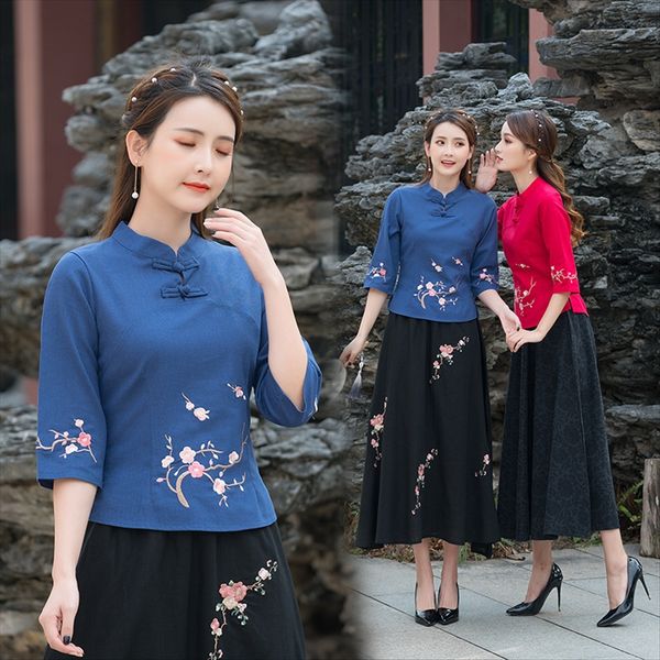 

summer 2020 national style slim seven sleeve stand collar embroidery short ethnic group embroidery nationality t-shirt female, White