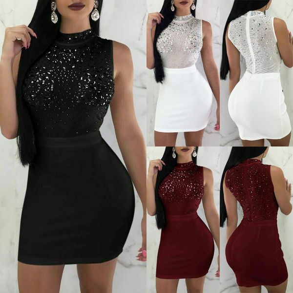 

женское лето без рукавов сексуальных и обаятельных бинты bodycon платья личности блестки клуб партии платье solid color, White;black
