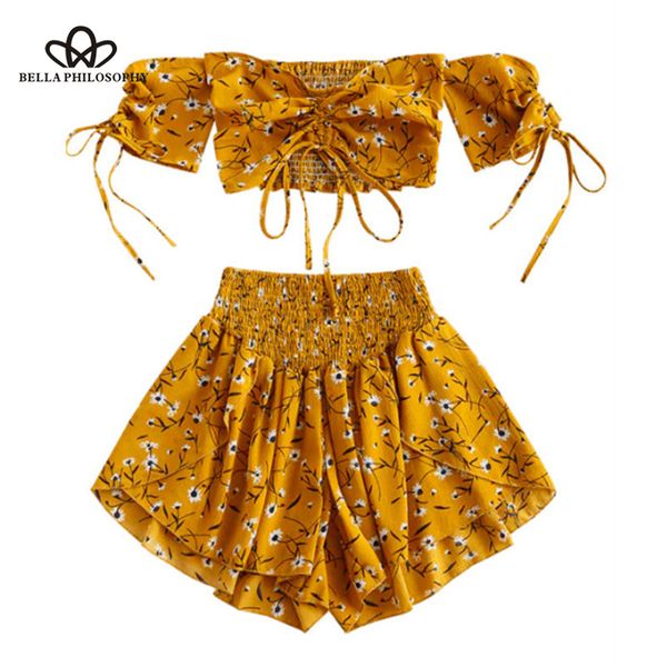 

beach boho suitsoff shoulder cinched floral women set summer slash neck short sleeves crop high waist shorts set, White