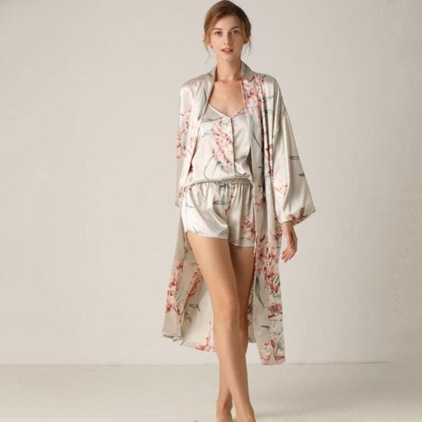 

new silk pajamas women flower print pijama sleepwear 3 pieces long in halter shorts print is spaghetti strap satin pyjamas, Black;red