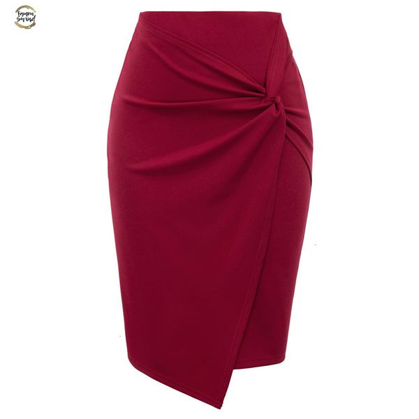 

elegant vintage women solid skirt autumn asymmetrical wrap front knee length stretch skirt pencil bodycon skirt jupe femme, Black