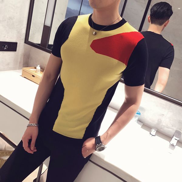 

knitting stitching color shirt short sleeve streetwear round shirt camisetas hombre 2020 short sleeve male, White;black